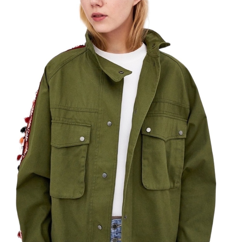 ZARA Greenish Parka w/ High Collar Colorful Trim w/ Tassels Size S/M - Picture 5 of 8